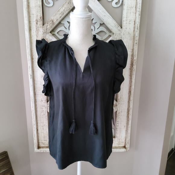 Nanette Lepore Women's Flutter Sleeve Ruffle Neck V-Neck Pullover Top in Black - Picture 2 of 8